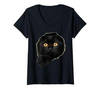 Women's Mystical Black Cat Amber Eyes Peeking Through V-Neck T-Shirt