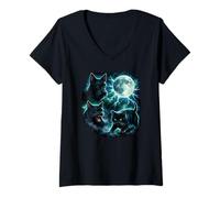 Women's Mystical Black Cat & Scottish Terrier Full Moon 80s Retro V-Neck T-Shirt