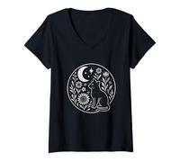 Womens Mystical Black Cat with Crescent Moon, Whimsical Floral Folk V-Neck T-Shirt