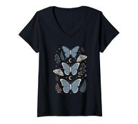 Women's Mystical Blue Butterfly Moth Celestial Moon Stars Botanical V-Neck T-Shirt