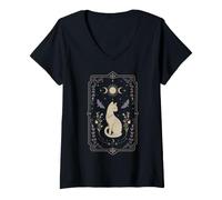 Women's Mystical Cat Celestial Moon Moth Botanical Occult Art V-Neck T-Shirt