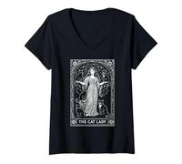 Womens Mystical Cat Lady Art, Witchy Aesthetic for Cat Lovers Tarot V-Neck T-Shirt