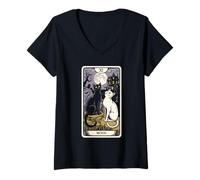 Womens Mystical Cat Under Moon Tarot Style V-Neck T-Shirt
