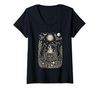 Womens Mystical Cats & Vessel, Retro Folk Art, Nature V-Neck T-Shirt