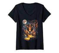 Women's Mystical Chamois Howling Full Moon Mountain Art V-Neck T-Shirt