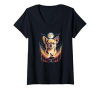 Women's Mystical Chihuahua Howling At Full Moon Forest V-Neck T-Shirt