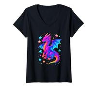 Women's Mystical Colorful Dragon Starry Magic Illustration V-Neck T-Shirt