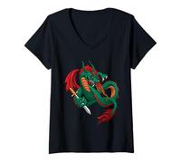 Women's Mystical Fire Breathing Dragon with Sword Illustration V-Neck T-Shirt