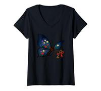 Womens Mystical Floral Winged Butterfly Holding Key with Red Ribbon V-Neck T-Shirt
