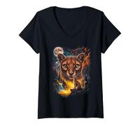 Women's Mystical Fossa Howling Full Moon Wildlife Art V-Neck T-Shirt