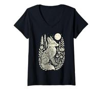 Womens Mystical Fox Moon Folk Art Linocut Whimsical Woodland V-Neck T-Shirt