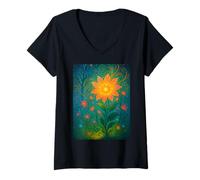 Women's Mystical Garden Radiant Flower Psychedelic Nature V-Neck T-Shirt