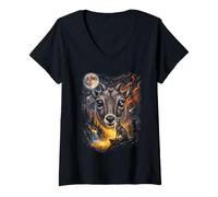 Women's Mystical Goral Howling Full Moon Mountain Art V-Neck T-Shirt