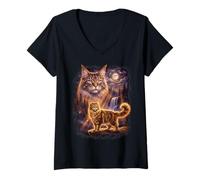 Women's Mystical Maine Coon Cat Moonlight Waterfall Graphic V-Neck T-Shirt