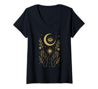 Womens Mystical Moon and Stars with Magic Hands V-Neck T-Shirt