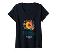 Womens Mystical Moon & Flowers Boho Look with All-Seeing Eye V-Neck T-Shirt