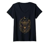 Women's Mystical Moth Crystal Ball Moon Celestial Art V-Neck T-Shirt