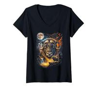 Women's Mystical Musk Ox Howling Full Moon Arctic Art V-Neck T-Shirt