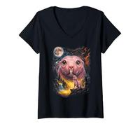 Women's Mystical Naked Mole Rat Howling Full Moon Art V-Neck T-Shirt