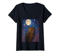Women's Mystical Night Owl Full Moon Starry Cosmic Sky V-Neck T-Shirt