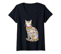 Womens Mystical Rainbow Cat and Moon Phases V-Neck T-Shirt