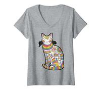Womens Mystical Rainbow Cat and Moon Phases V-Neck T-Shirt