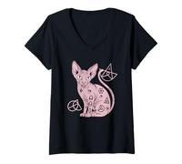 Womens Mystical Sphynx Cat Tattoo Art V-Neck T-Shirt