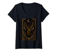 Women's Mystical Stag Lantern Antlers Celestial Moon Dark Academia V-Neck T-Shirt