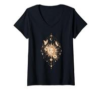 Women's Mystical Sun Moon Boho Graphic - Celestial Design V-Neck T-Shirt