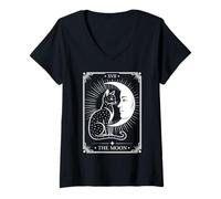 Womens Mystical Tarot Cat XVII The Moon Crescent Moon Art Tarot V-Neck T-Shirt