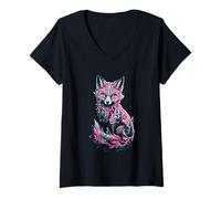 Womens Mystical Vibrant Fox Art Fantasy V-Neck T-Shirt