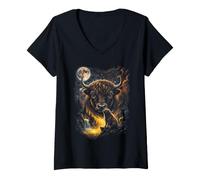Women's Mystical Yak Howling Full Moon Mountain Nature Art V-Neck T-Shirt