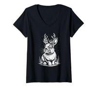 Womens Mythical Jackalope Rabbit with Antlers Folklore Forest V-Neck T-Shirt