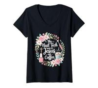 Women's Nail Techs This Nail Tech Runs On Jesus and Coffee V-Neck T-Shirt