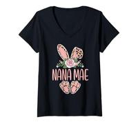 Women's Nana MAE Cute Leopard Bunny Ears Floral Easter V-Neck T-Shirt
