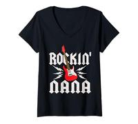 Womens Nana Rockin One Birthday Family Matching Rock Guitar V-Neck T-Shirt