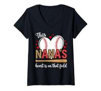 Women's Nanas Baseball Field Leopard Polka Dot Heart Sports V-Neck T-Shirt