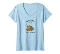 Womens Napping Is a Lifestyle Funny Cozy Cat Sleep V-Neck T-Shirt