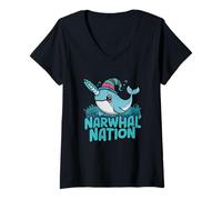 Womens Narwhal Nation - Cute Ocean Unicorn with Hat V-Neck T-Shirt