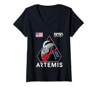 Women's NASA Artemis II Mission Patch Commemorative Retro Worm Logo V-Neck T-Shirt