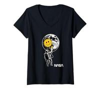 Womens NASA Astronaut Moon Graffiti Smile Worm Logo V-Neck T-Shirt