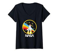Womens NASA Faded Rainbow & Stars Vintage Retro Classic Badge V-Neck T-Shirt