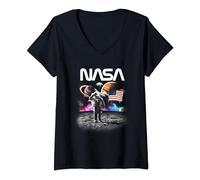 Womens NASA Lunar Astronaut Vintage Flag & Neon Rainbow Galaxy V-Neck T-Shirt