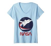 Women's NASA Shuttle Three Color Swoosh Circle V-Neck T-Shirt, Baby Blue, Large