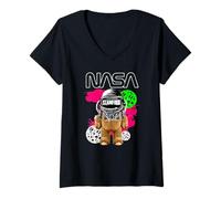 Womens NASA Teddy Bear Astronaut Stamford Funny Worm Logo V-Neck T-Shirt