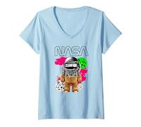 Womens NASA Teddy Bear Astronaut Stamford Funny Worm Logo V-Neck T-Shirt