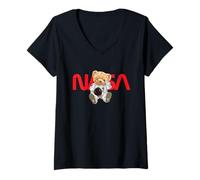 Womens NASA Teddy Bear Salutes Cool Worm Logo V-Neck T-Shirt