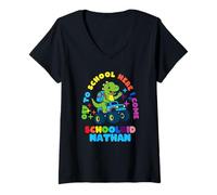Womens Nathan Schoolchild Personalized Back to School Dino Truck V-Neck T-Shirt