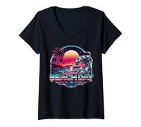 Women's National Beach Day Retro Sunset Wave Design V-Neck T-Shirt