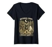 Women's National Park Night Shift Cryptid Campfire Vintage Bigfoot V-Neck T-Shirt
